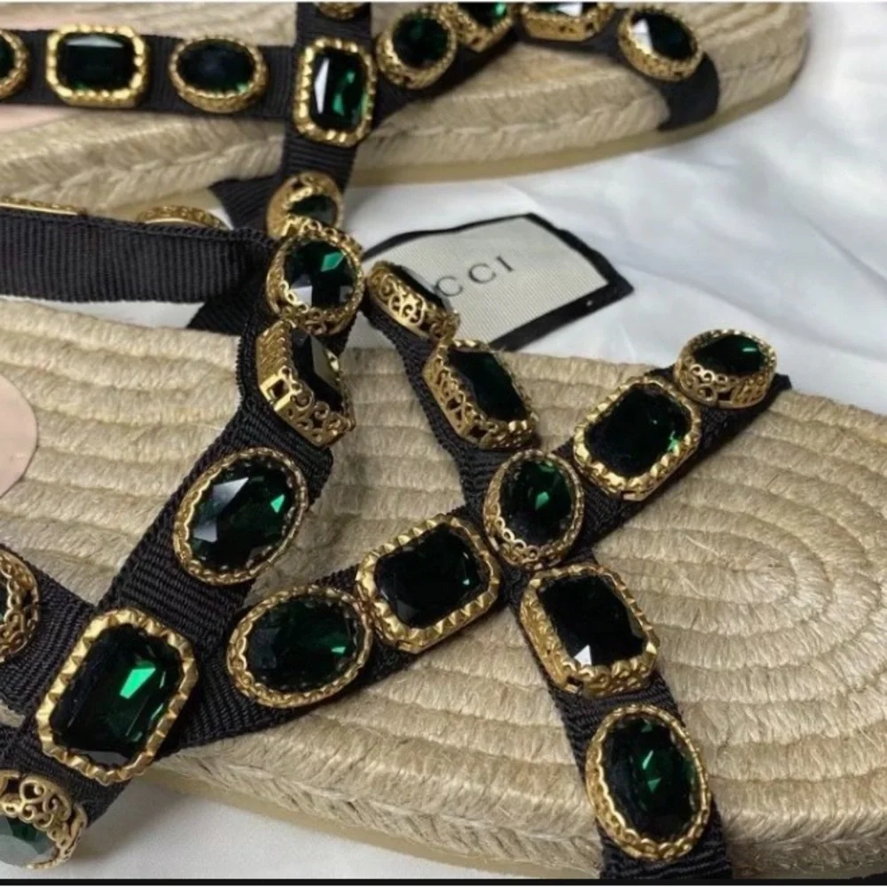 Gucci crystal embellished espadrille black grosgrain flat sandals - Picture 3 of 7